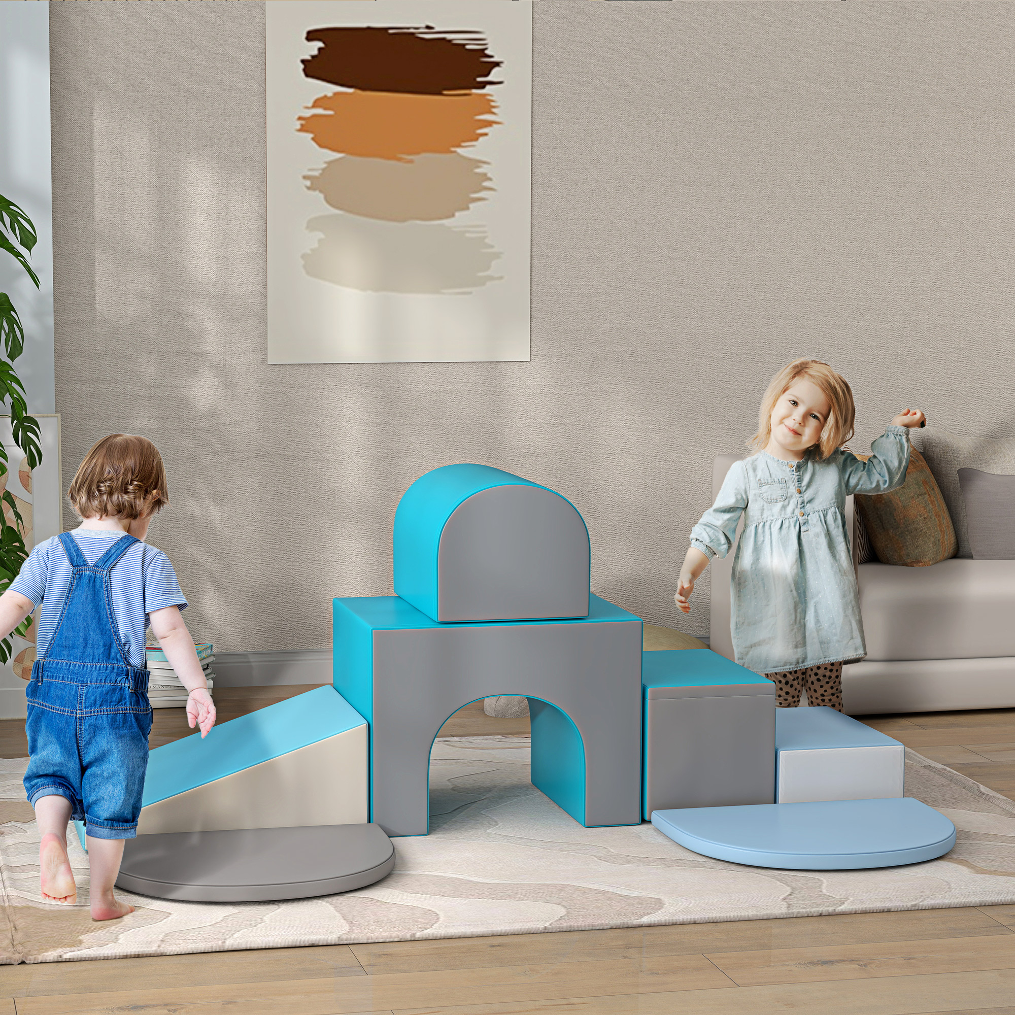 Homcom Set da Gioco per Bambini 12-36 Mesi da 7 Blocchi Multicolore in PU e EPE, 170x130x40 cm, Blu e Grigio   Aosom Italy