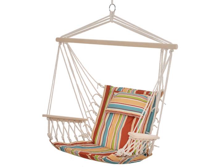 ComfortXL Hängesessel De-06994 mit Querstrebe, Kissen, Deckenhaken, bis 100 kg Mehrfarbig, Mehrfarbig, Holz, 106x100 cm, Gartenmöbel, Gartenschaukeln, Hängesessel