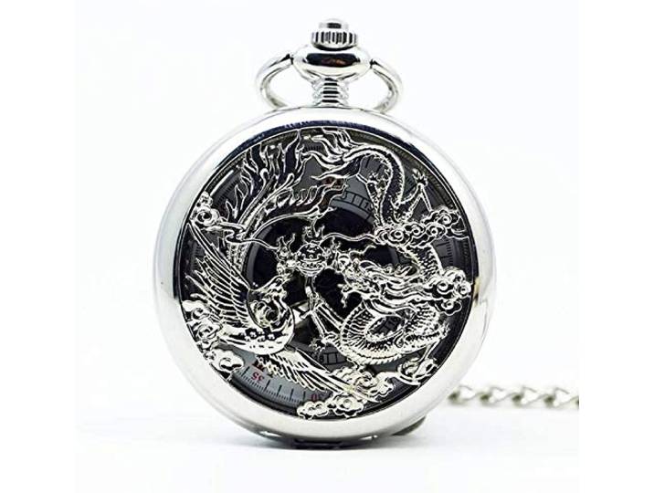 MRKU Klassische mechanische Taschenuhr mit hohlem Drachen und Phönix aus Bronze, Steampunk-Damenuhr mit Anhänger, Beste Taschenuhr für die Familie
