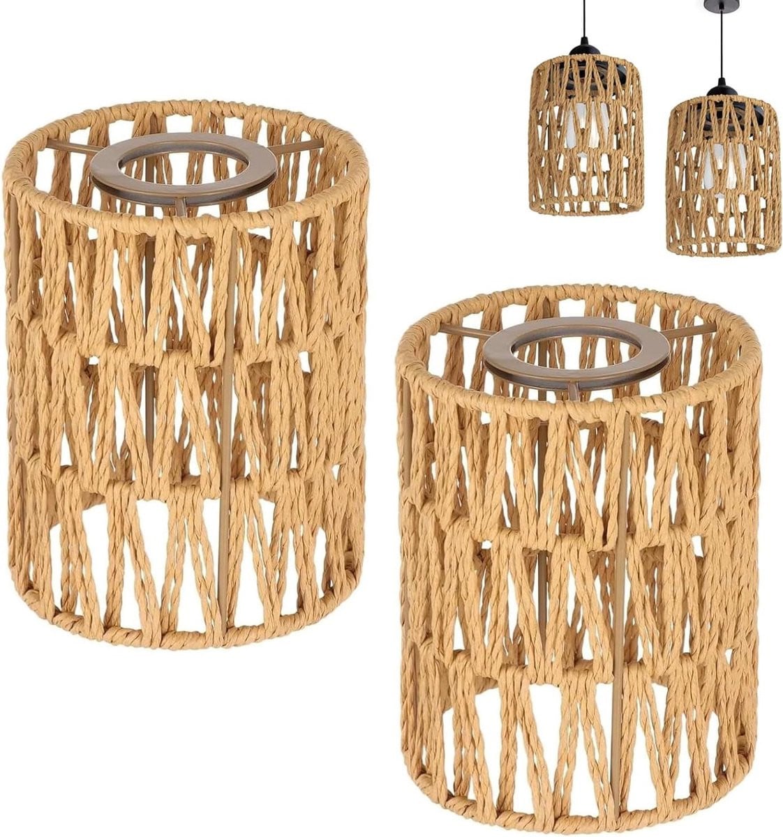 Bruine rotan cilindervormige lampenkap van handgeweven papiertouw - H 12 cm, B 14,5 cm