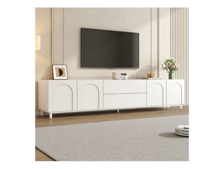 STILVORA Lowboard TV-Schrank mit zwei Schubladen Fernsehschrank mit Stahlrohr-Füße (TV-Möbel mit 4 Bogentüren, Spanplatte, MDF, Stahlrohrfüße, Kabelöffnungen, pflegeleicht), für Wohnzimmer, Heimkino und moderne Wohnkonzepte
