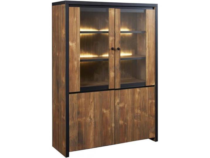 AltoBuy Argentier Stalone 4 Portes Effet Bois Manguier Foncé et Noir Vitré et Éclairé 120x45x170cm