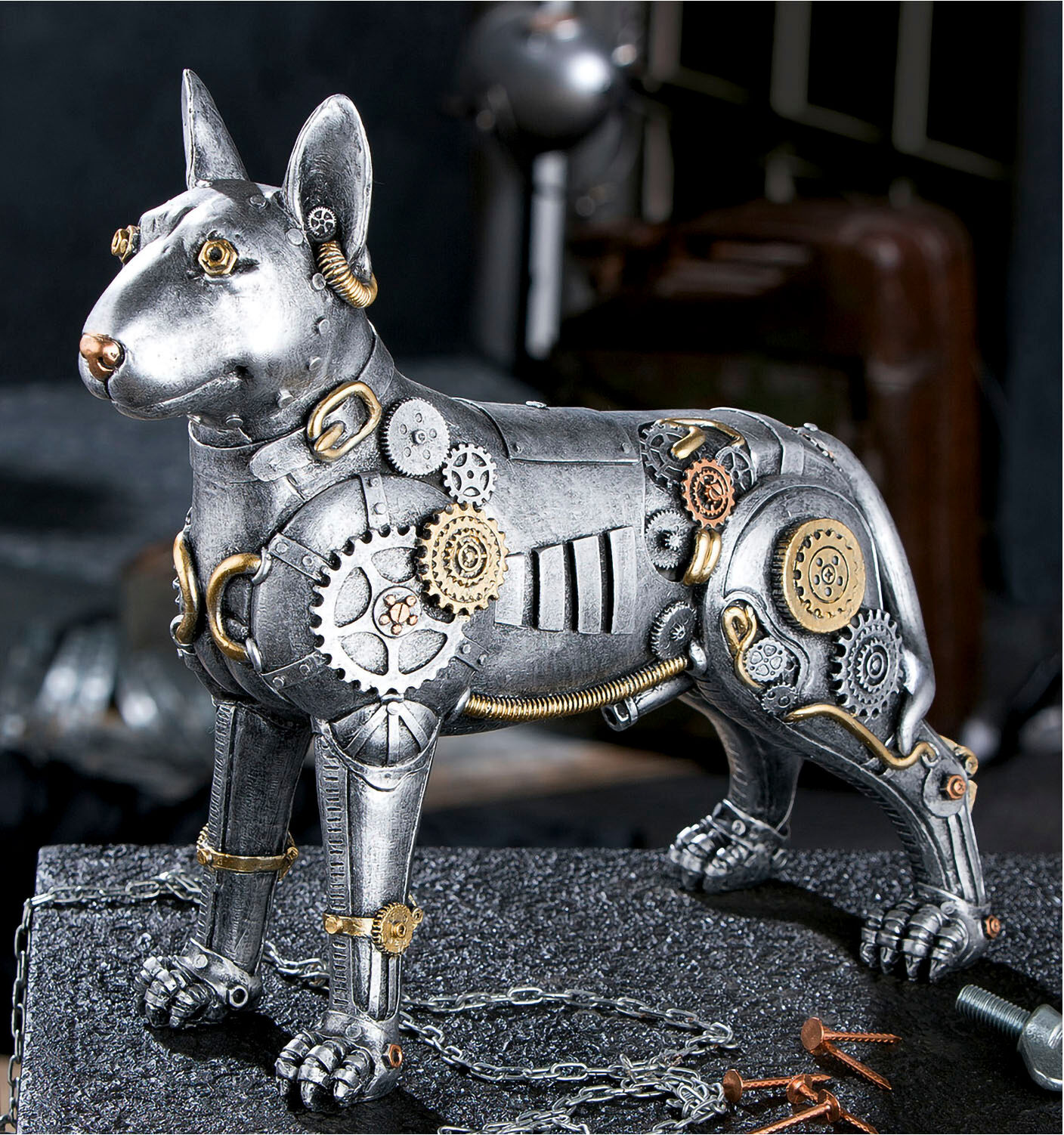 Tierfigur CASABLANCA BY GILDE "Skulptur "Steampunk pitbull", silber (silberfarben), B:13,5cm H:29cm T:31cm, Kunstharz, Dekofiguren, Tierfigur silberfarben B/H/T: 13,5cm x 29cm x 31cm