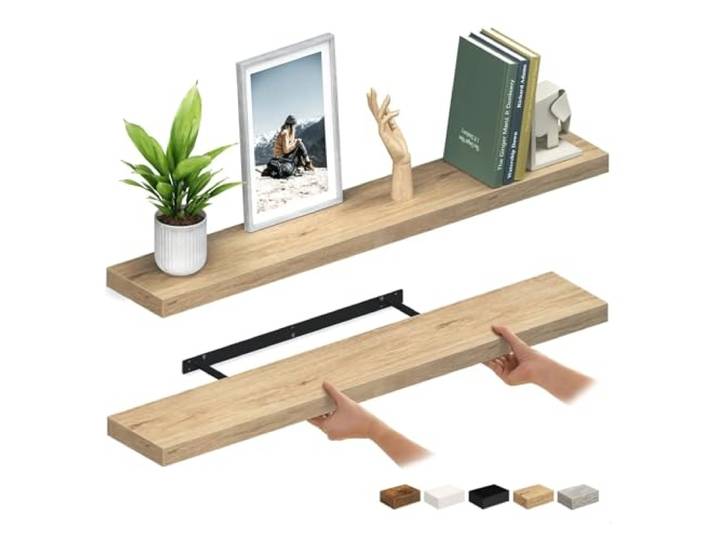 Schweberegal Schwebende Regale for die Wand, Wandregal aus Holz, 2er-Set Mit unsichtbaren Halterungen for Badezimmer, Wohnzimmer, Schlafzimmer, Küche(48 - 2 Pieces Oak)