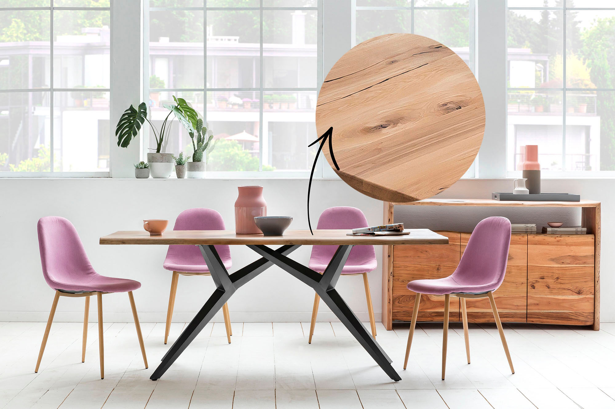 Esstisch SIT "Aarau Wildeiche geölt mit Metallgestell Industrial", schwarz (natur, antikschwarz, antikschwarz, natur), B:220cm H:73cm T:100cm, Platte Wildeiche geölt, Gestell Metall, Tische, Esstisch, Wildeiche mit durchgehenden Lamellen und Factory-Geste
