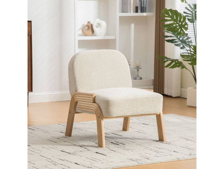 Fauteuil lounge scandinave en chenille beige structure en bois massif sans accoudoirs