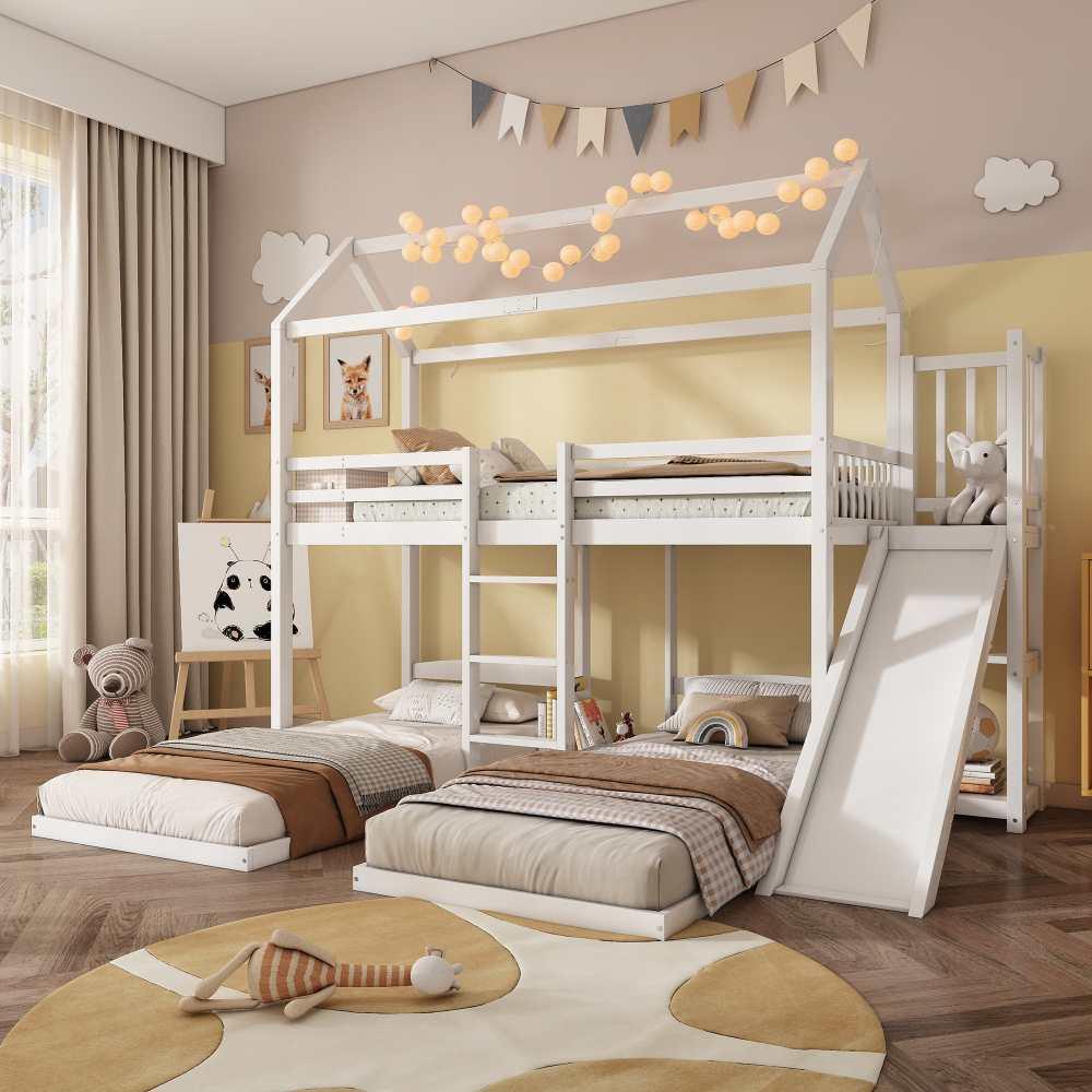 Kinder-Etagenbett mit Rutsche und einzigartigem Dachdesign, drei Schlafplätze, stabiler Rahmen, Kiefer+MDF, Stauraum oben, weiß, 90x200 cm