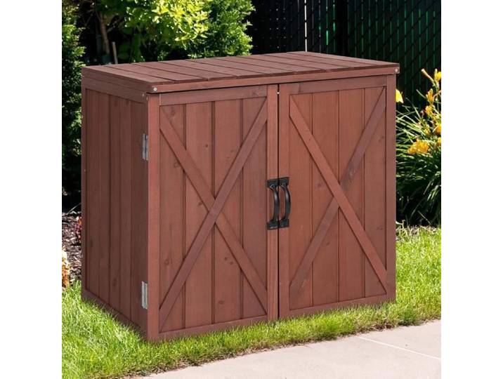 GOPLUS Armoire de Jardin à Outils en Bois de Sapin avec Portes à Fermeture Magnétique et Poignée Métallique 77x56x72CM