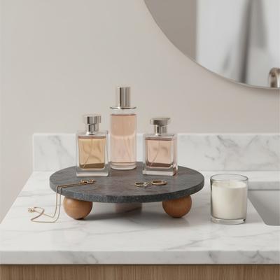 Sagebrook Home "Marble Wood Round Decorative Tray with Modern Leg Detail - 3"" Black - 10.0"""