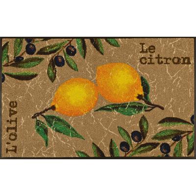 Küchenläufer "Le Citron" Gr. 19, bunt (beige, gelb), B:60cm H:7mm L:180cm, Kunstfaser, WASH+DRY BY KLEEN-TEX, Teppiche, Teppich, Motiv Oliven & Zitronen, rutschhemmend, waschbar, Küche