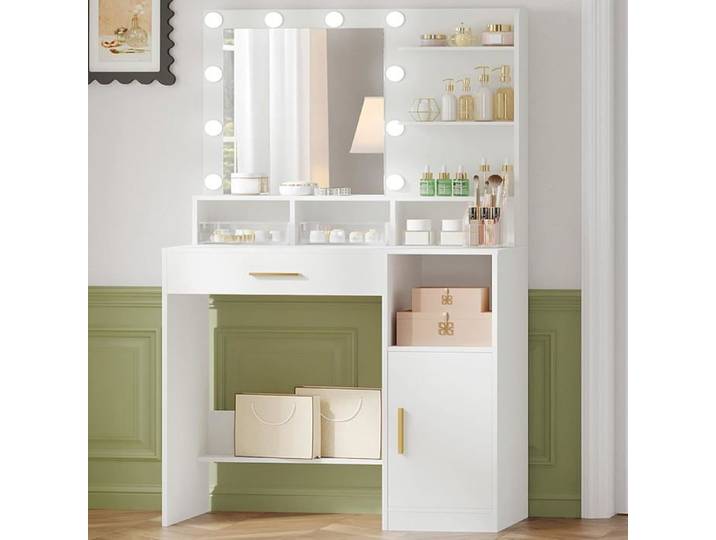 Hzuaneri Coiffeuse Blanche avec Miroir LED Table de Maquillage 40 x 80 x 140 cm 3 Étagères 4 Compartiments Tiroir et Armoire