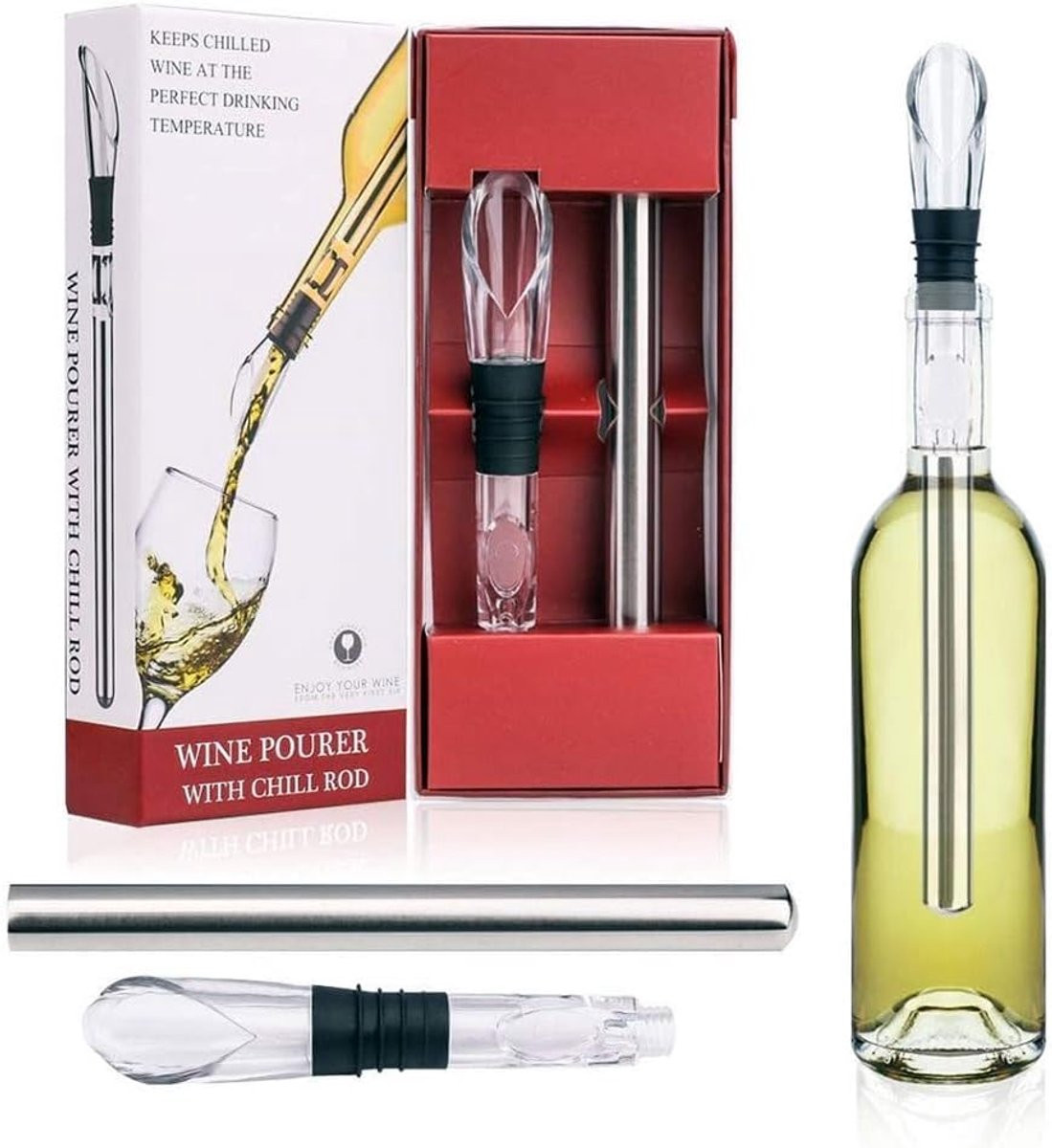 3-in-1 Wijnkoeler Stick van Roestvrij Staal en Acryl - Rood - Wijnkoelstaaf, Wijnbeluchter en Schenkstop