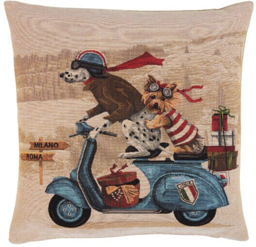 Hines of Oxford Blue Scooter Dogs Tapestry Cushion with Feather Filler Blue 46cm H X 46cm W X 15cm D