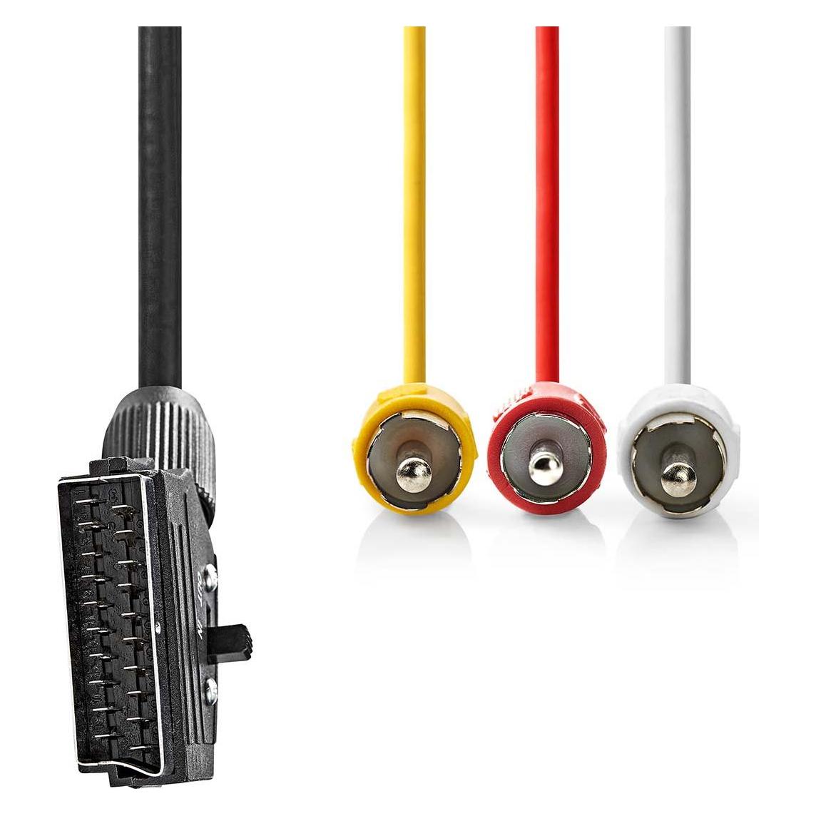 Nedis SCART-Kabel | SCART Stecker | 3x Cinch-Stecker | Vernickelt | Schaltbar | 480p | 2.00 m | Rund (2 m, Cinch Kabel) (CVGL31130BK20)