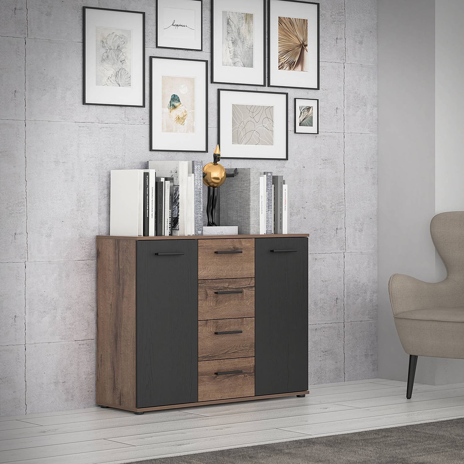 home24 Kast type C, bruin/zwart, B: 105 cm, H: 82 cm, D: 34 cm