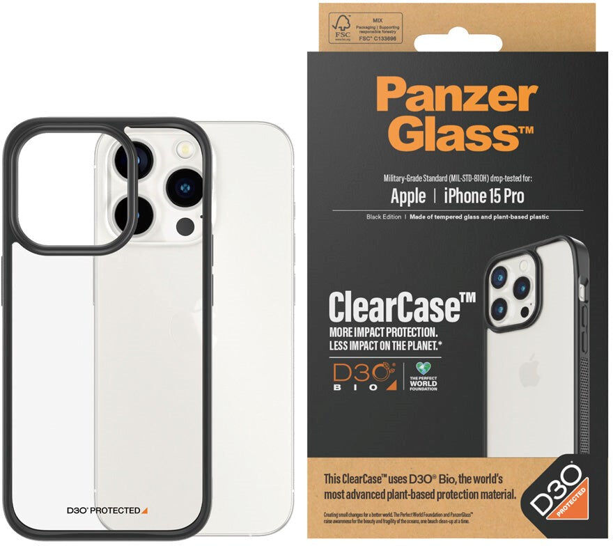 iPhone 15 Pro Bagside Cover PanzerGlass D3O Bio ClearCase - Sort Kant