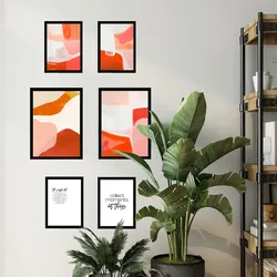 POSTER Set Mit 6 Abstrakte Farben Orange Rot Weiß Formen A3 & A4 Schwarzer Rahmen