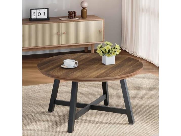 Garvee Wohnzimmertisch Rund Wohnzimmer Tisch Rund, Braun, 91x91x47 cm Couch Tisch Wohnzimmer mit Metallgestell in X-Form, Wohnzimmertisch Modern, Belastbar Bis 100 kg für Wohnzimmer, Büro