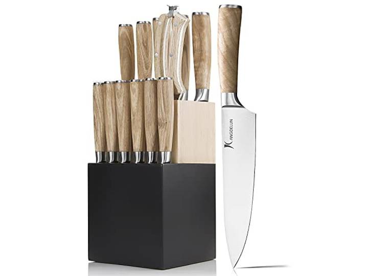 Messerblock Set 14-teilig mit Küchenmessern, 50Cr15MoV Edelstahl, Griffe aus thermobehandeltem Eschenholz, platzsparender schwarzer Holz-Messerblock, 6 Steakmesser & Küchenschere, KANGDELUN