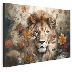 LEINWANDBILD Löwe - Wildtiere - Pflanzen - Natur - Blumen Deko Schlafzimmer 30x20 cm