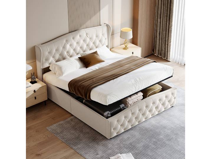 Lit Coffre 140x190\,lit 140x190\,lit Double Capitonné\,lit Adulte\,avec Sommier\,led Réglable\,design Rivet\,tissu En Velours\,beige