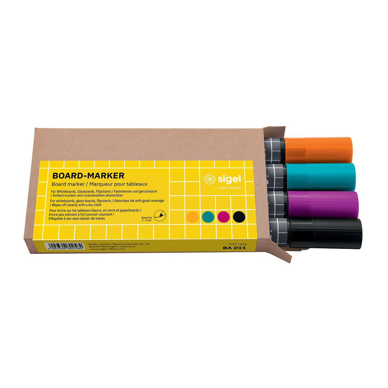 SIGEL Whiteboard- und Flipchart-Marker farbsortiert 2,0 - 3,0 mm, 4 St. BA011