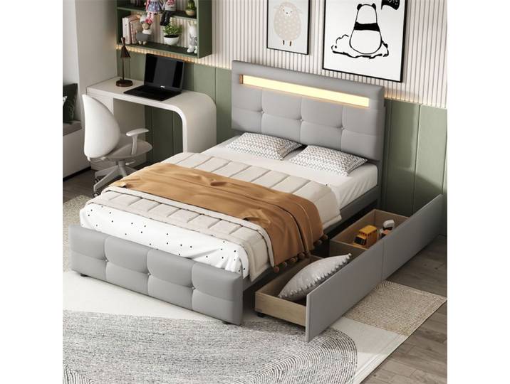 Lit rembourré 90x200 cm avec LED et 2 tiroirs - lit simple enfant/adolescent gris