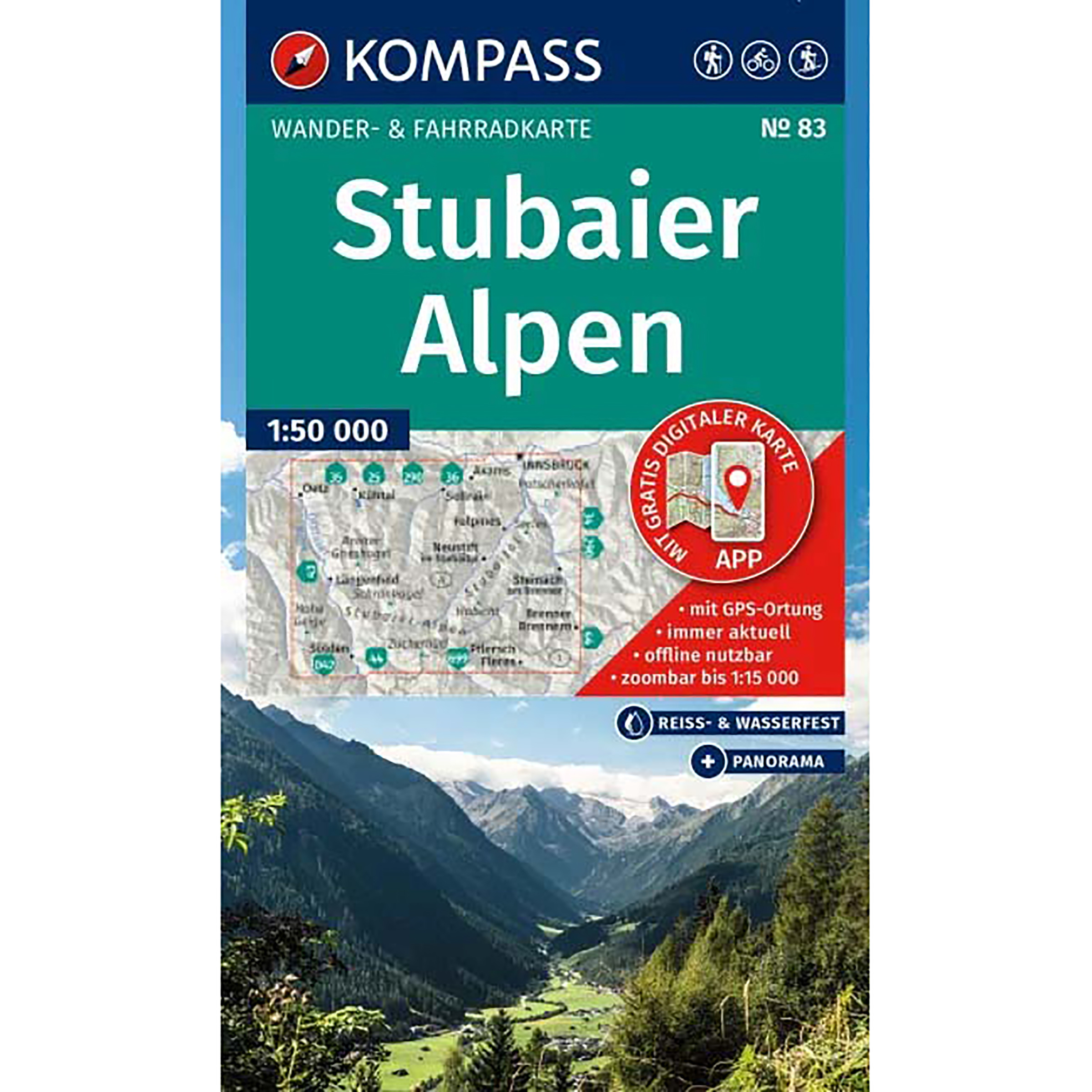 Kompass Verlag WK 83 Stubaier Alpen Topografische Karten tuerkis