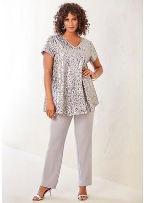 Plus Size Women's Extended Plus Size 2 Piece S/S Sequin Top and Pant Set by Roaman's in Silver Shimmer (Size 38 W)