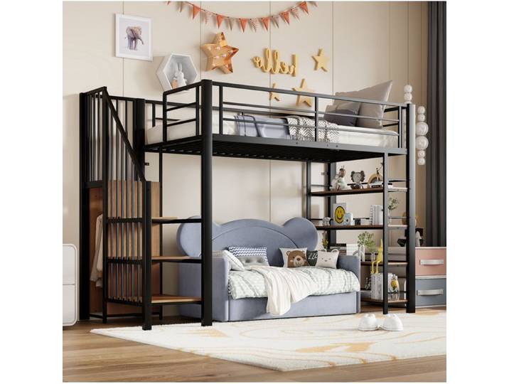 Hochbett 90x200 cm avec sécurité et rangement - Noir