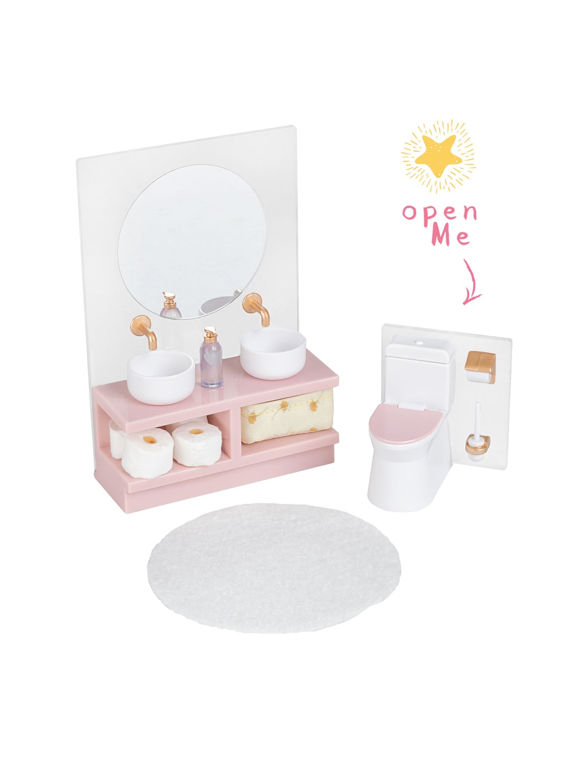 Micki Lundby Toilettenset mit Toilettenbürste, Toilettenpapier, Korb, Waschbecken & Spiegel. Toilettensitz lässt sich öffnen. Ab 3 Jahren
