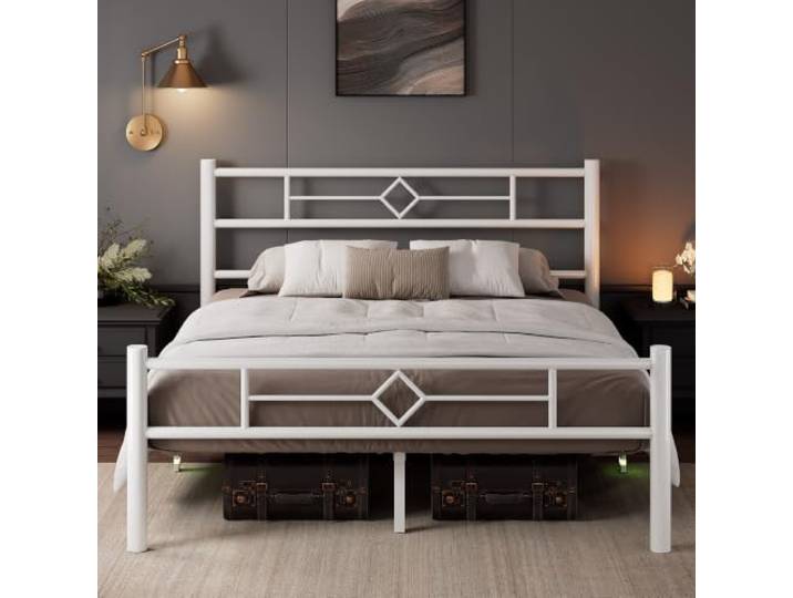 Feonase Metallbett 140x200 mit Kopfteil und Fußteil, Bett mit Unterbettkasten, Bettgestell 140x200 Massive Metalllamellenstütze, geräuschfrei, Weiß
