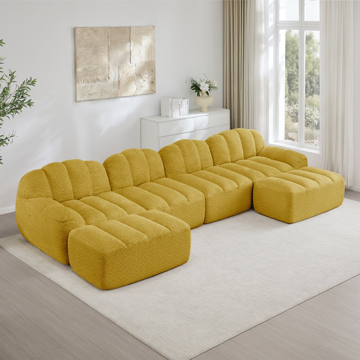 FloraGrace U-bank 4-zits Modulaire Fleece Bank met Ottomans Geel