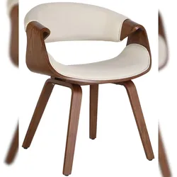 Décoshop26 - Esszimmerstuhl x1 mit Armlehnen im Retro-Design cremefarbenem Stoffbezug und braunem Holz 10_0007444