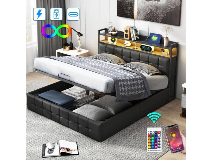 Lit coffre - LUMINARIX - 140x200cm - Similicuir - LED - USB/Type-C