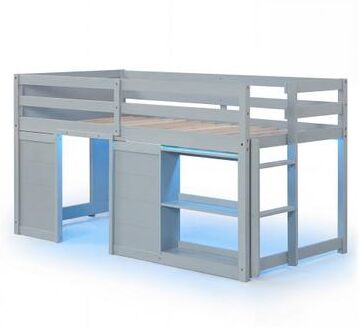 Costway Wooden Low Kids Loft Bed with LED Lights and 2 Doors-Gray