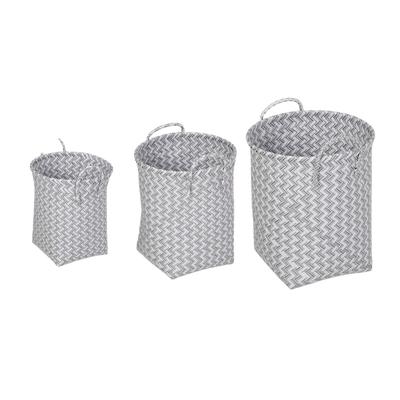 Relaxdays Wäschekorb geflochten, 3er Set Aufbewahrungskörbe, 3 Größen, Spielzeugkorb mit Henkel, Kunststoff, weiß/grau