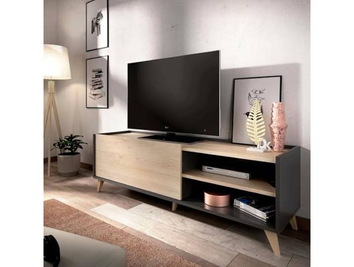 Dmora - Asinara TV-Ständer, niedriges Wohnzimmer-Sideboard, Wohnzimmer-Sideboard für Fernseher, 155 x 43 x 47 cm, Eiche und Anthrazit