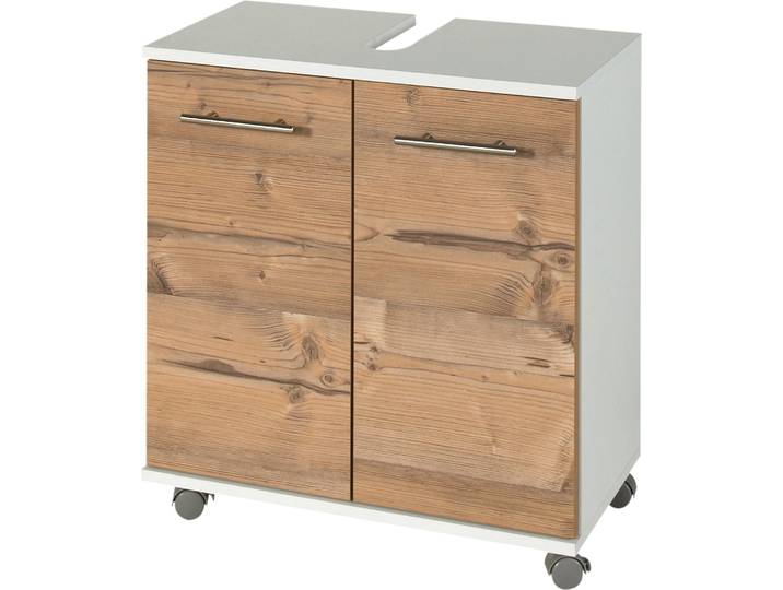 Waschbeckenunterschrank WELLTIME Emmi, Breite 59 cm , weiss (weiß, silberfichte), B:60cm H:63,5cm T:32,5cm, FSC-zertifizierter Holzwerkstoff, Schränke, Waschbeckenunterschrank, Siphonausschnitt, Metallbeschläge