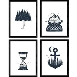 POSTER Set mit 4 Natur im nordischen Stil Zeit im Wald in blauweiß A4 Rahmenlos