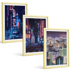 BILDER SET 3er Set - 40x60 cm Goldrahmen - Neonlichter der nächtlichen Stadt