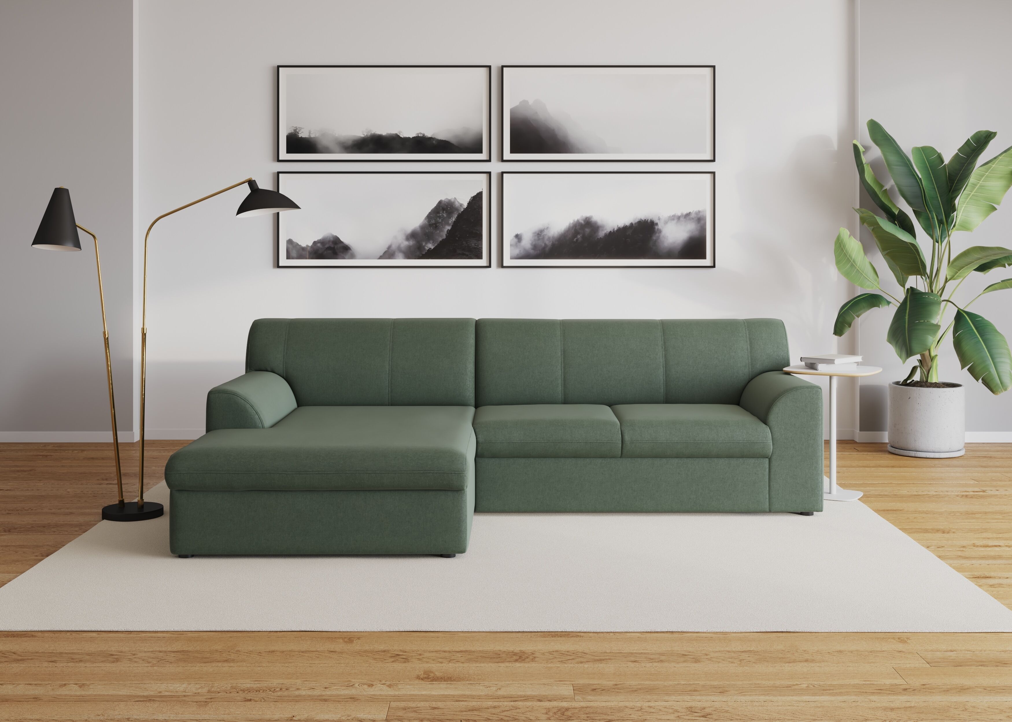 DOMO collection "Topper, elegant und zeitlos, kompaktes Stellmass 245/155cm, L-Form" mit Recamiere, wahlweise mit Schlaffunktion apfelgrün B/H/T: 245cm x 155cm, Chenille, Recamiere links, Mit Bettfunktion