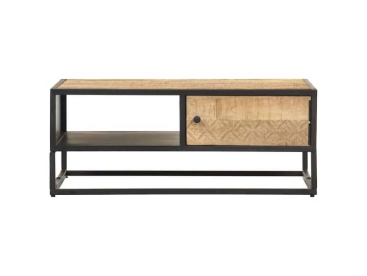 Couchtisch mit Tür 90x55x36cm Mangoholz roh Industrieller Vintage-Stil, pulverbeschichtetes Eisengestell, handgefertigt, offenes Regal, Beistelltisch