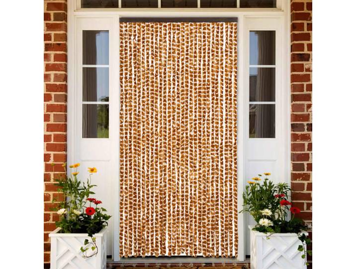 Rideau anti-mouches ocre et blanc 118x220 cm en chenille, Rideau de porte anti-mouches Ocre Blanc en chenille