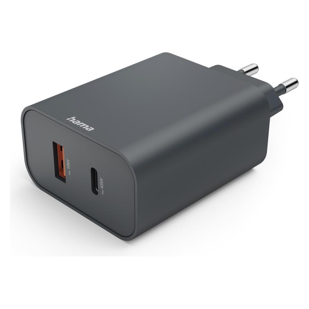 Hama Schnellladegerät, USB-C, USB-A, Power Delivery (PD), 45 W, Anthrazit (45 W, 2 Ports) (00086444)
