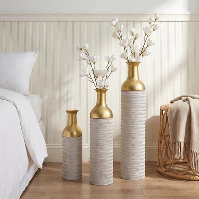 White Gold Leaf Pattern Metal Tall Decorative Floor Vase,Set of 3
