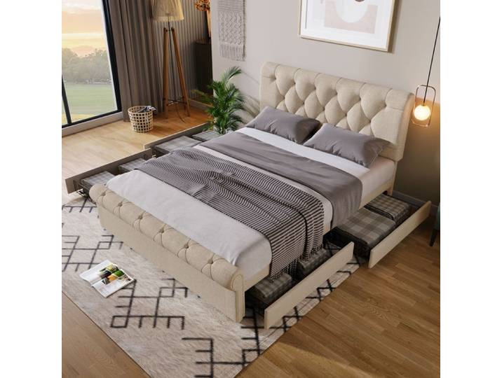 Lit double rembourré - TRUXEN8 - Chesterfield - 140x200cm - Tête de lit réglable - 4 tiroirs