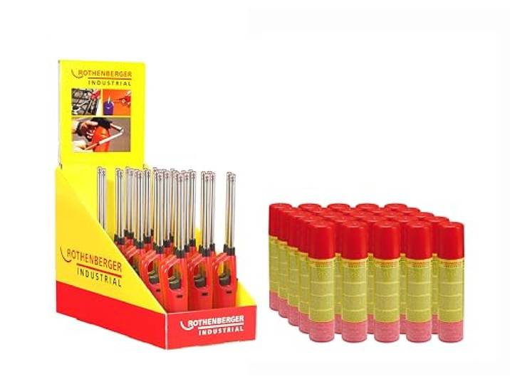 ROTHENBERGER Industrial 30x Gasanzünder Standard im Theken-Display und 25x Nachfüllgas 100 ml Feuerzeug Abzugsperre Piezo Füllanzeige Wiederbefüllbar Kindersicherung