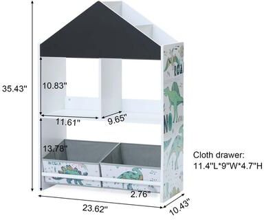 LuxenHome Children's Multi-Functional House Bookcase Toy Storage Bin Floor Cabinet with Blackboard