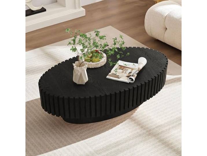 SOUWOFS Ovaler Couchtisch 110CM, Schwarz Moderner Handgefertigter Couchtisch, Stabiler Sockel, Holz-Teetisch, Wohnzimmertische